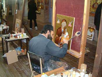icon painter at work in Meteora
